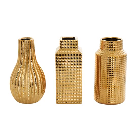 8&#x22; Gold Ceramic Geometric Dimensional Textured Vase Set with Grid Patterns